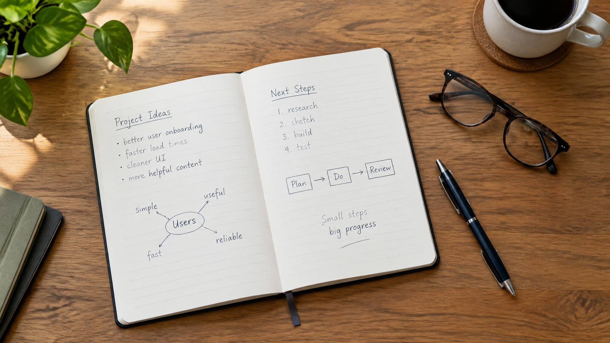 Open notebook and pen on a wooden desk with reading glasses