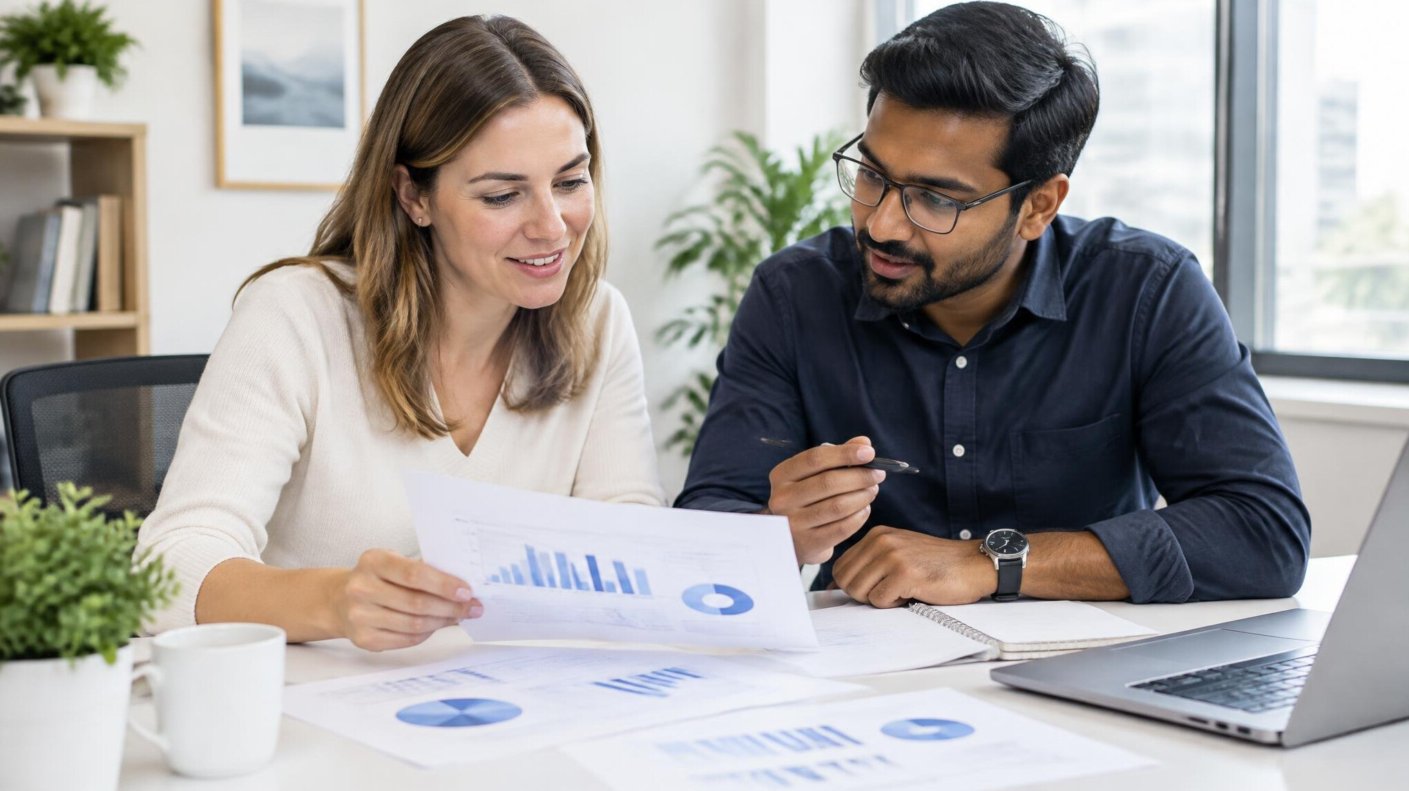 Colleagues reviewing documents together at a desk