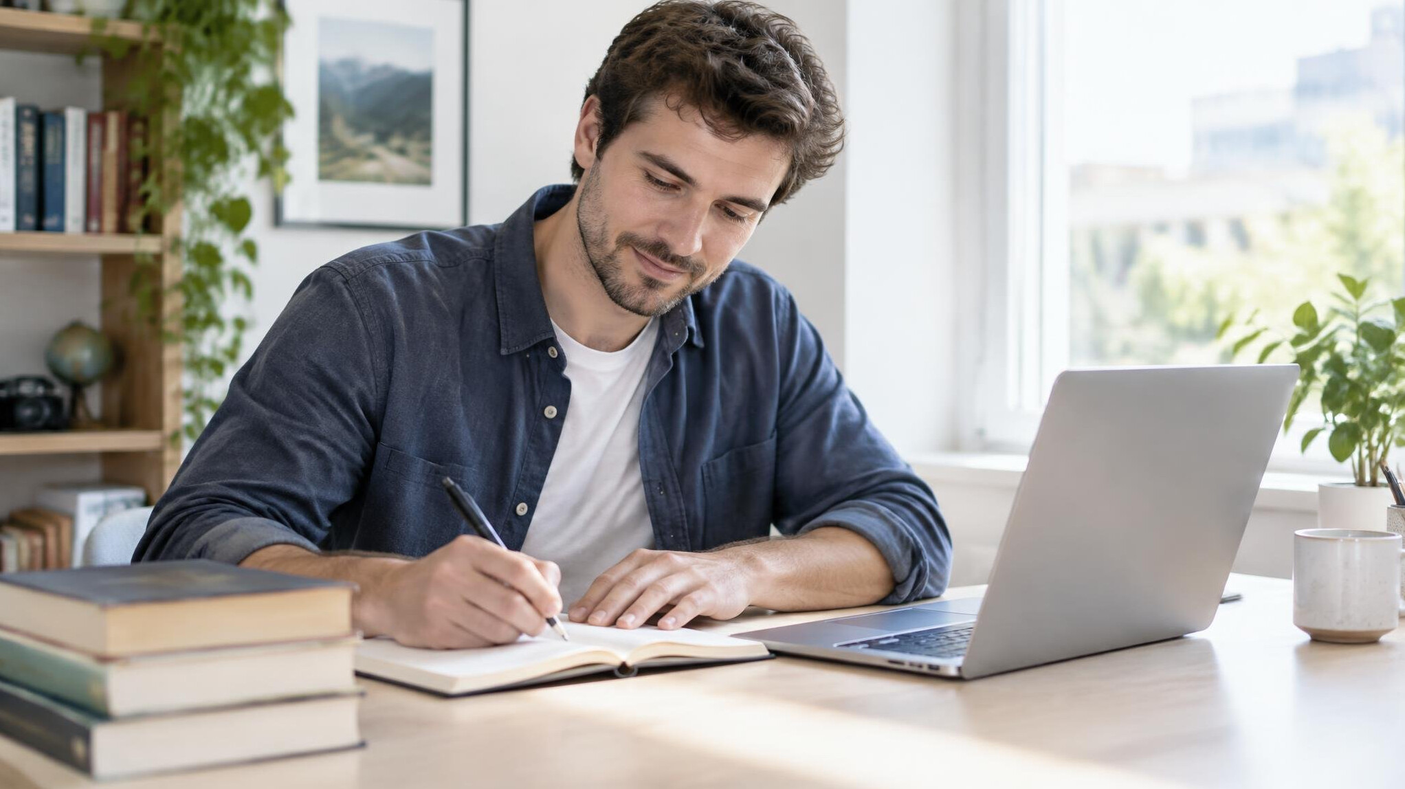 Adult student writing notes in a notebook next to a laptop