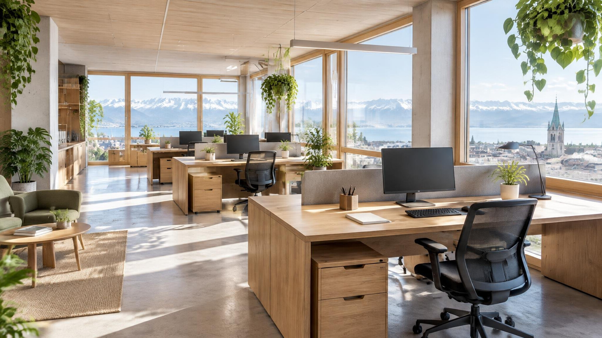 Bright modern office interior with wooden furniture and plants
