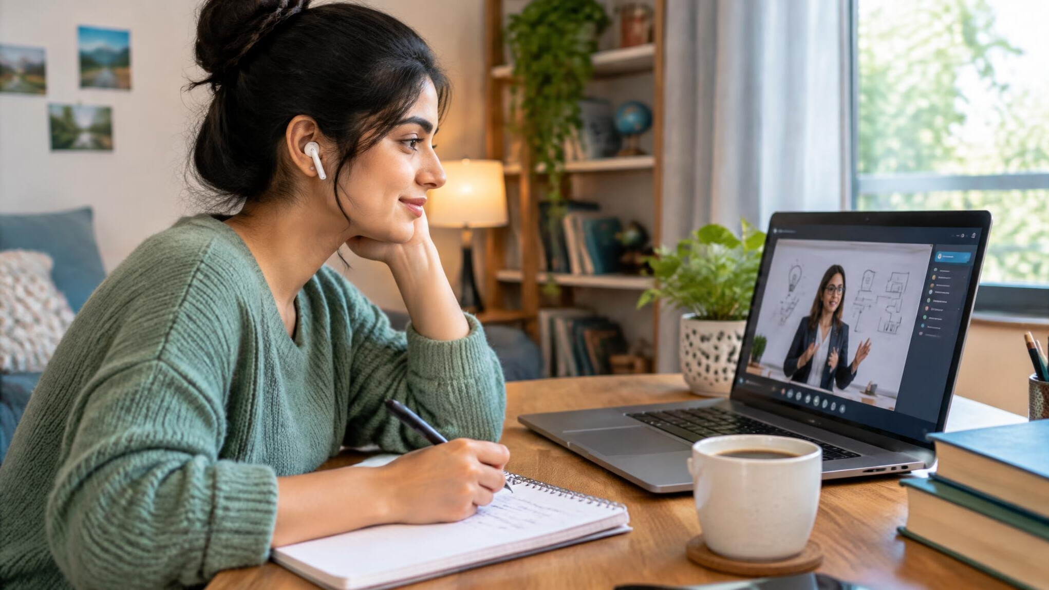 woman learning online at home