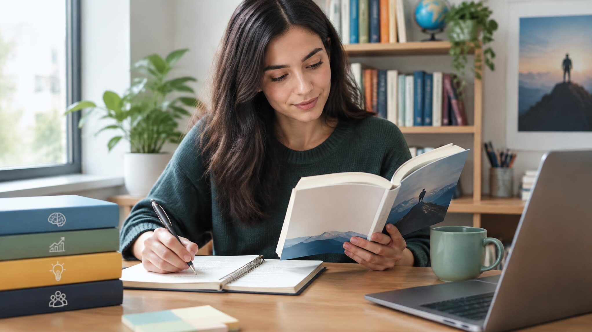 woman reading educational book