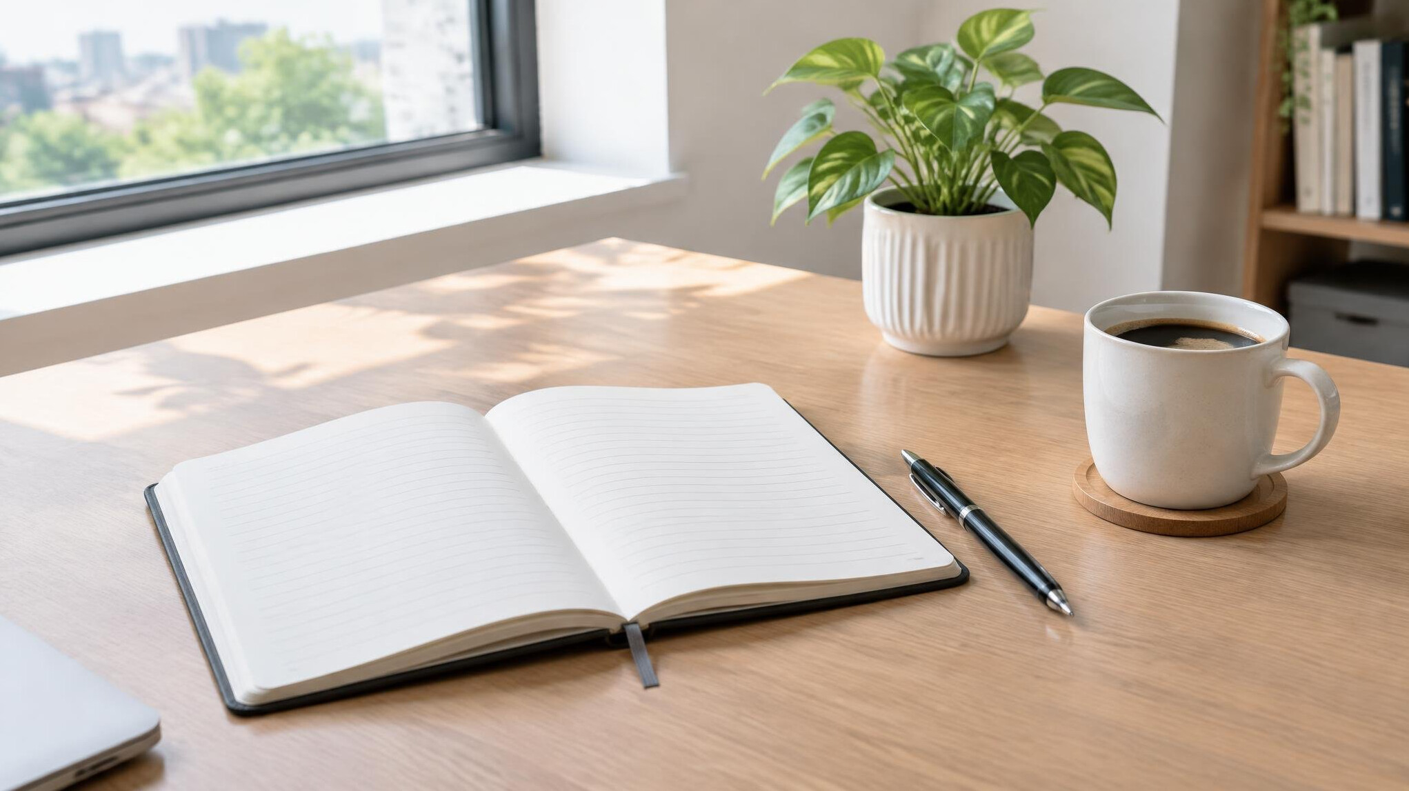 Tidy office desk with a notebook, pen and plant